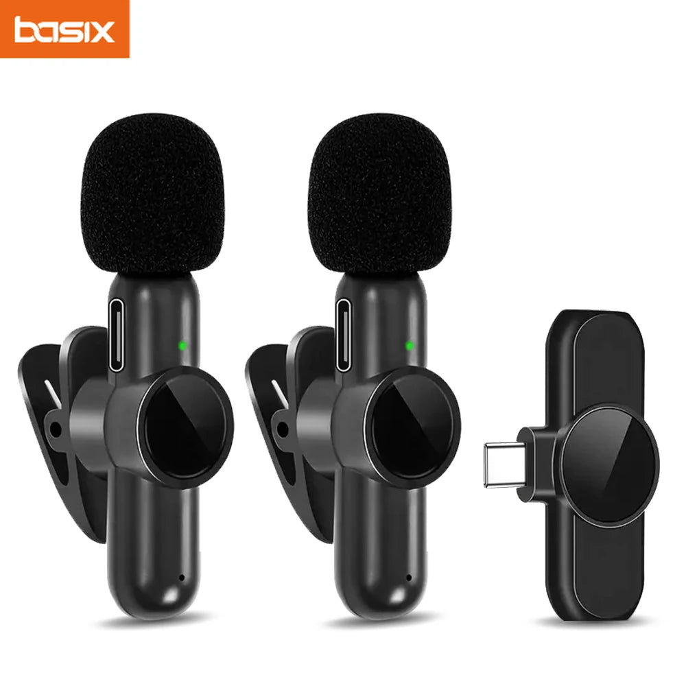 Basix 2.4G Wireless Stereo Lavalier Microphone Live Interview Outdoor Mini Noise Cancelling for iPhone Android rotate Lapel Mic