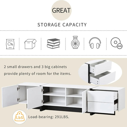 Television Up to 80", Unique Style Console Table, Modern Storage Cabinet with High Gloss UV Surface for Living Room, White
