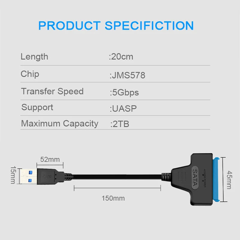 High-Speed USB 3.0 to SATA Cable for 2.5 Inch External HDD/SSD Hard Drives Transfer Data Up to 5Gbps Type-C to SATA For PS4/PS3