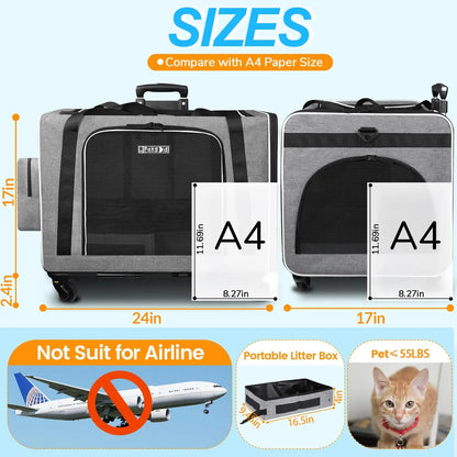 Extra Large Cat Carrier with Wheels and Litter Box 24"x17"x17" for Large Cat or 2 Small Cats