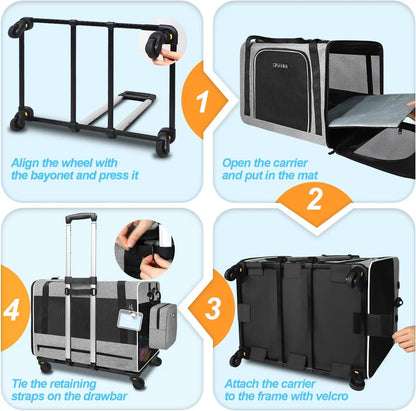 Extra Large Cat Carrier with Wheels and Litter Box 24"x17"x17" for Large Cat or 2 Small Cats