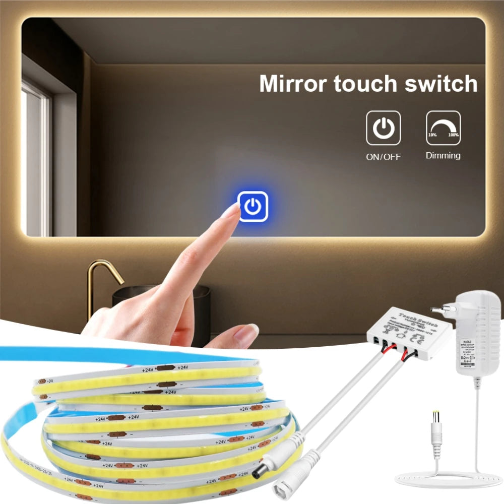 Touch Dimmable COB LED Vanity Makeup Mirror Light 12V 320 480LEDs/M Sensor Dressing Table Decoration Tape Lamp RA90 Linear Strip