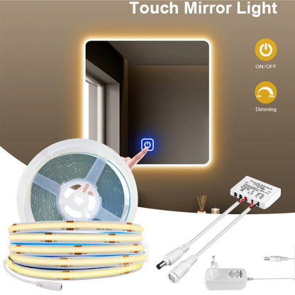 Touch Dimmable COB LED Vanity Makeup Mirror Light 12V 320 480LEDs/M Sensor Dressing Table Decoration Tape Lamp RA90 Linear Strip