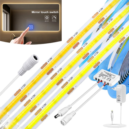 Touch Dimmable COB LED Vanity Makeup Mirror Light 12V 320 480LEDs/M Sensor Dressing Table Decoration Tape Lamp RA90 Linear Strip