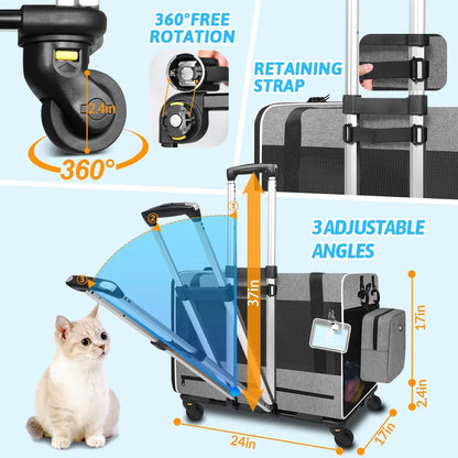 Extra Large Cat Carrier with Wheels and Litter Box 24"x17"x17" for Large Cat or 2 Small Cats