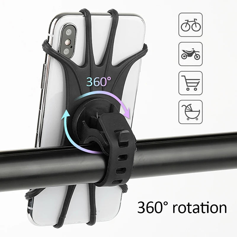 Universal Bicycle Mobile Phone Holder 360 Rotating Silicone Bike GPS Clip Mount Baby Stroller Stand Motorcycle Handlebar Bracket